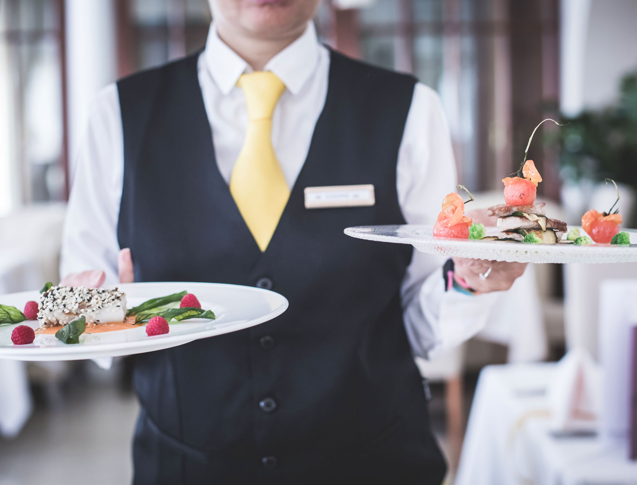 Gourmet experience - waiter serves various dishes on plates - Hotel Fameli